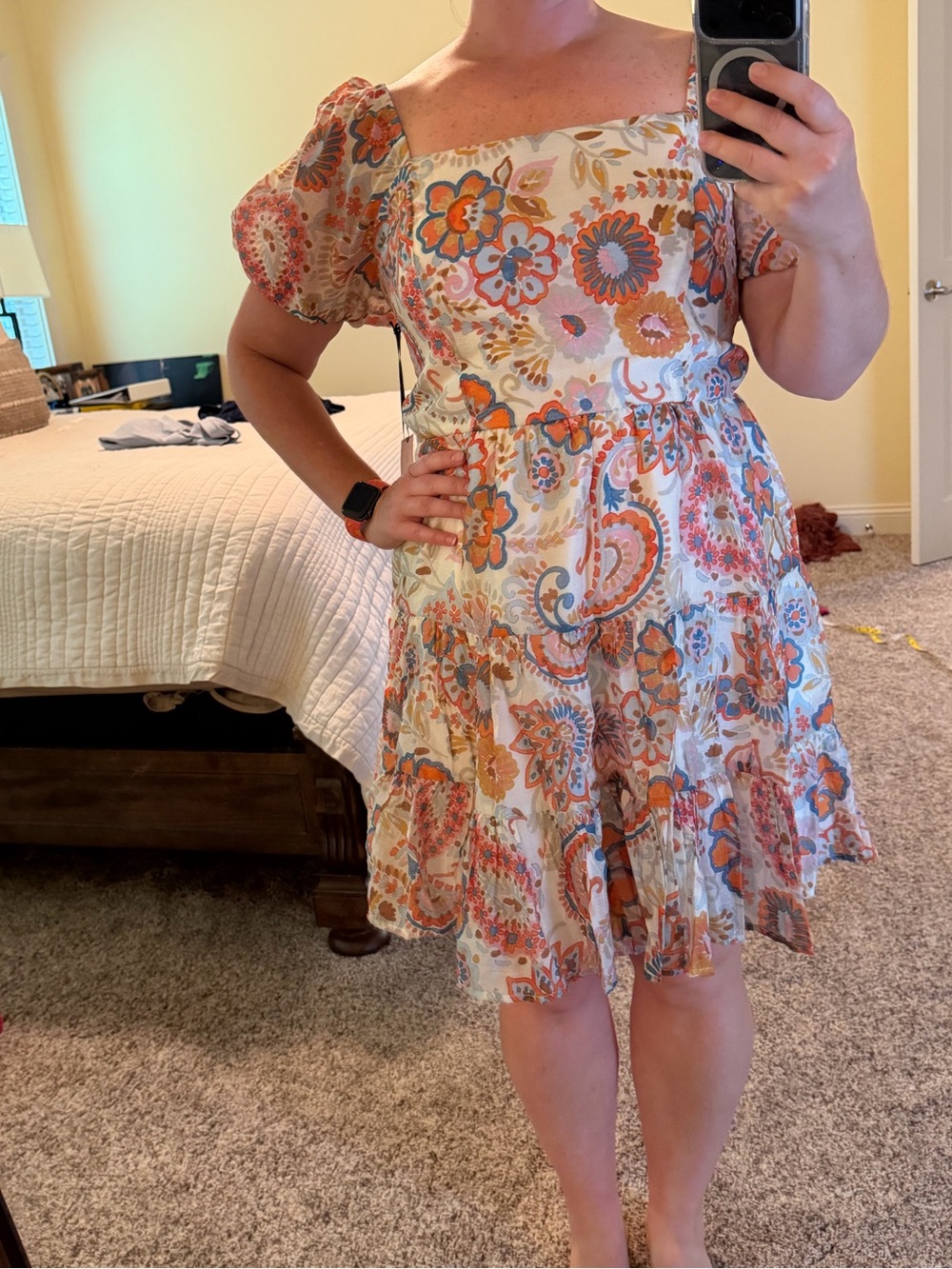 1. State Cream Paisley Backless Mini Dress with Orange and Blue Accents